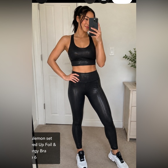 lululemon athletica Pants - SET of 2- Lululemon Speed Up Black Foil and Energy Bra in size 6